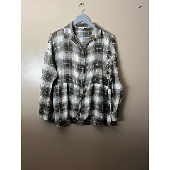 American Eagle Outfitters XS Plaid Flannel Button Down Peplum Shirt Olive Green - Picture 1 of 3